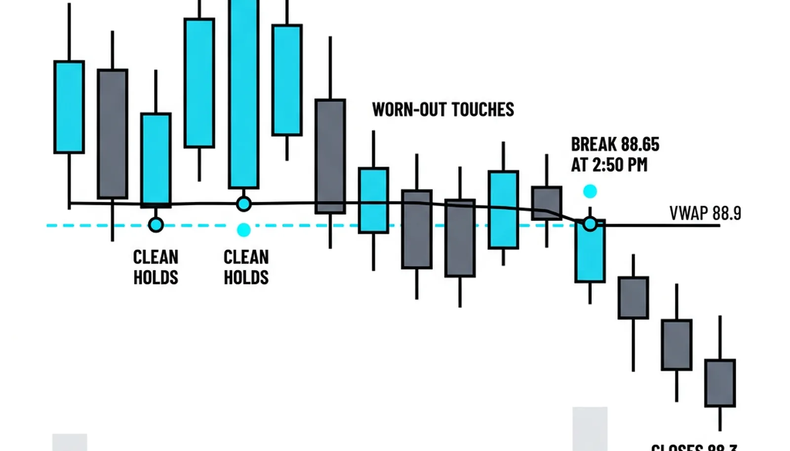 One day at 88.90: two clean holds off the line in the morning, choppy worn-out touches after midday, and the 2:50 pm break at 88.65 that flipped the whole session