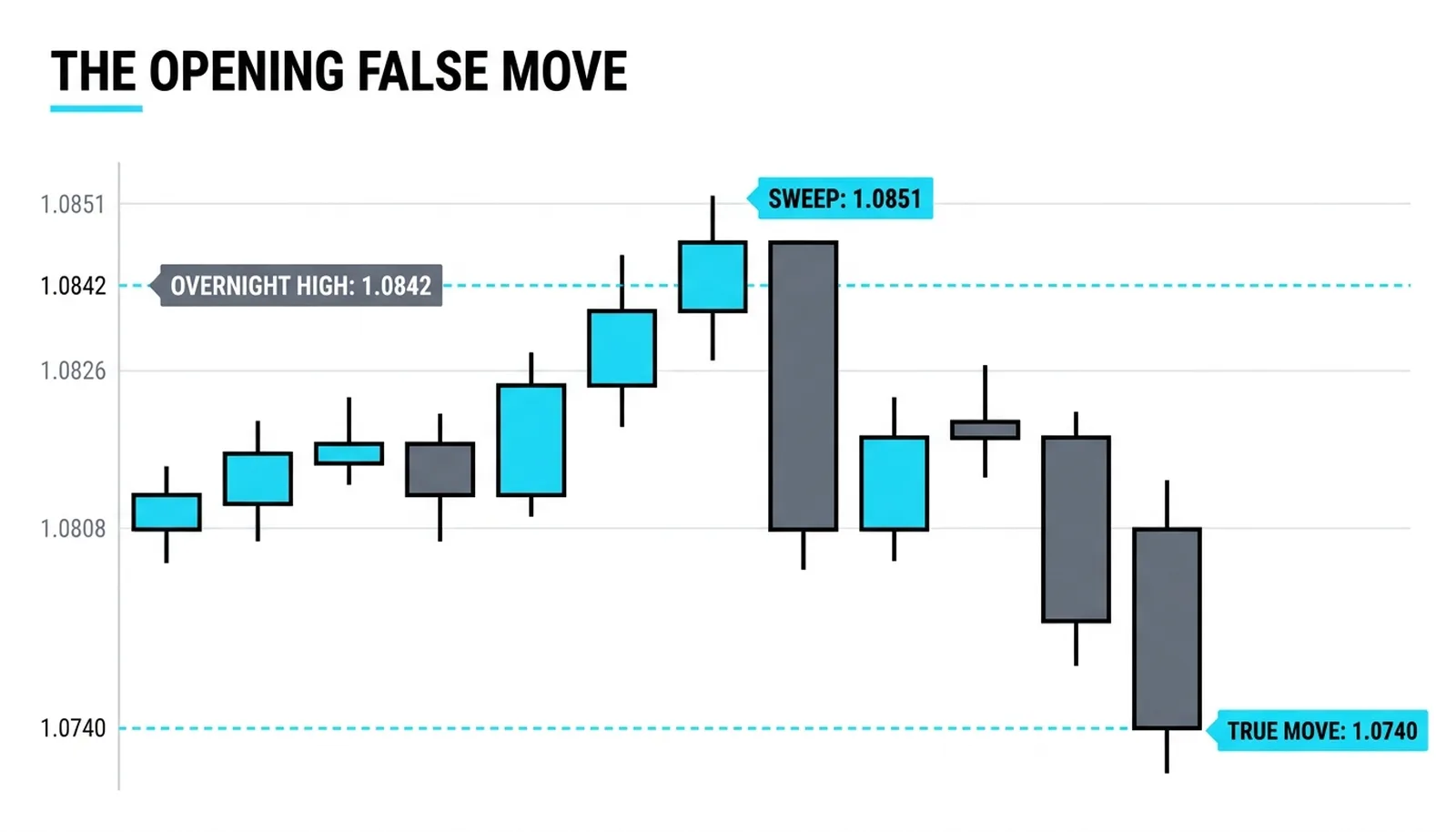 The Judas swing: a push above the 1.0842 overnight high to 1.0851, displacement down to 1.0798, and the delivery to 1.0740
