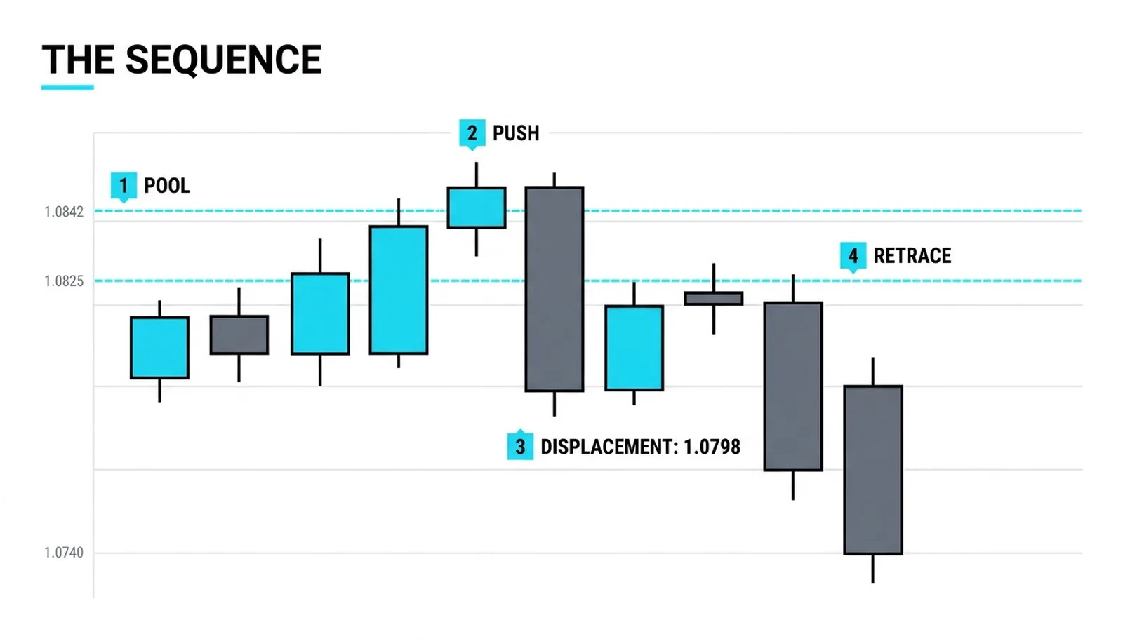 The four stages numbered on one chart: the pool at 1.0842, the push, the displacement to 1.0798, the retrace