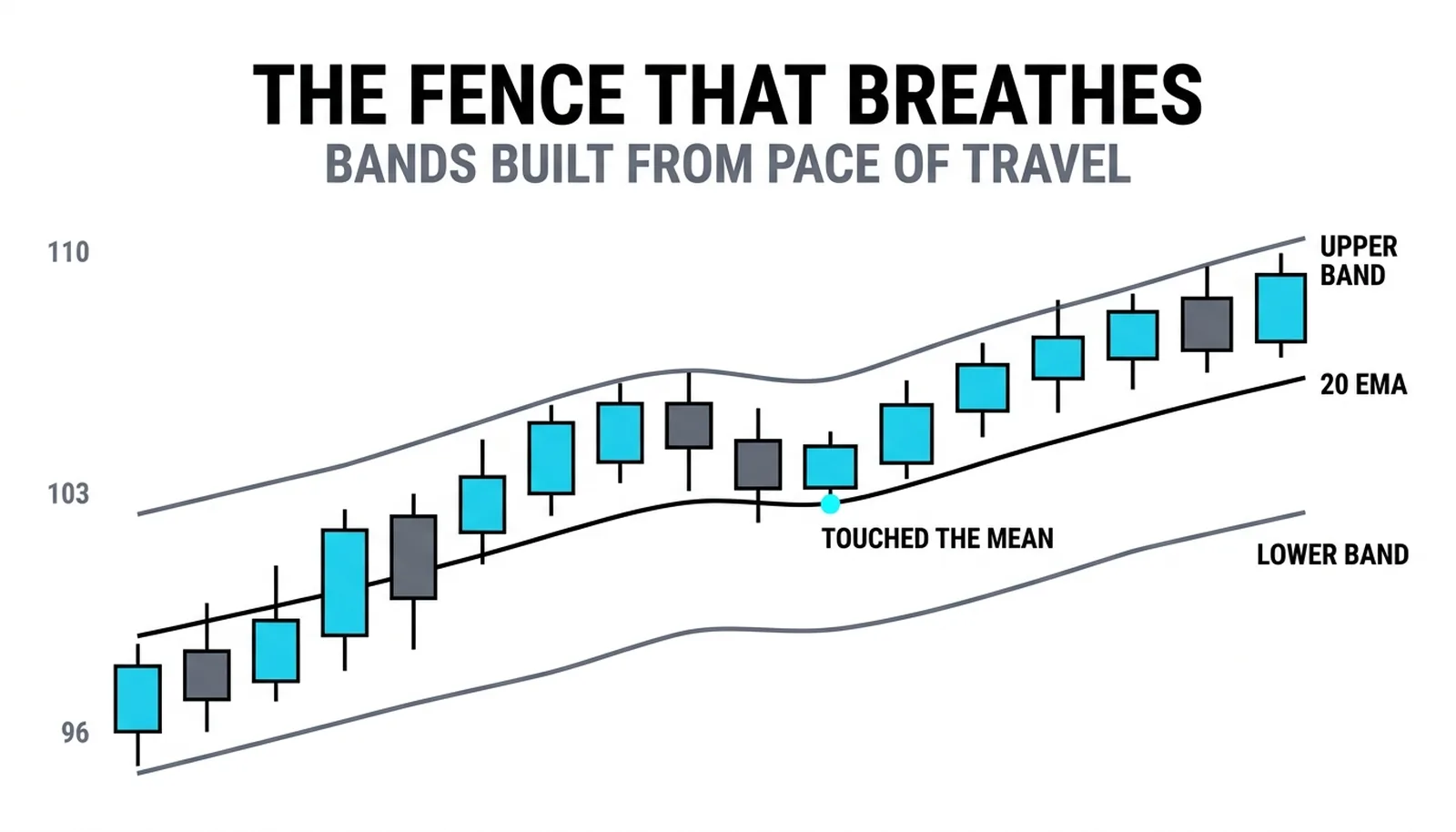 A tilted Keltner channel climbing with the rally, price riding the upper band, the pullback touching the mean