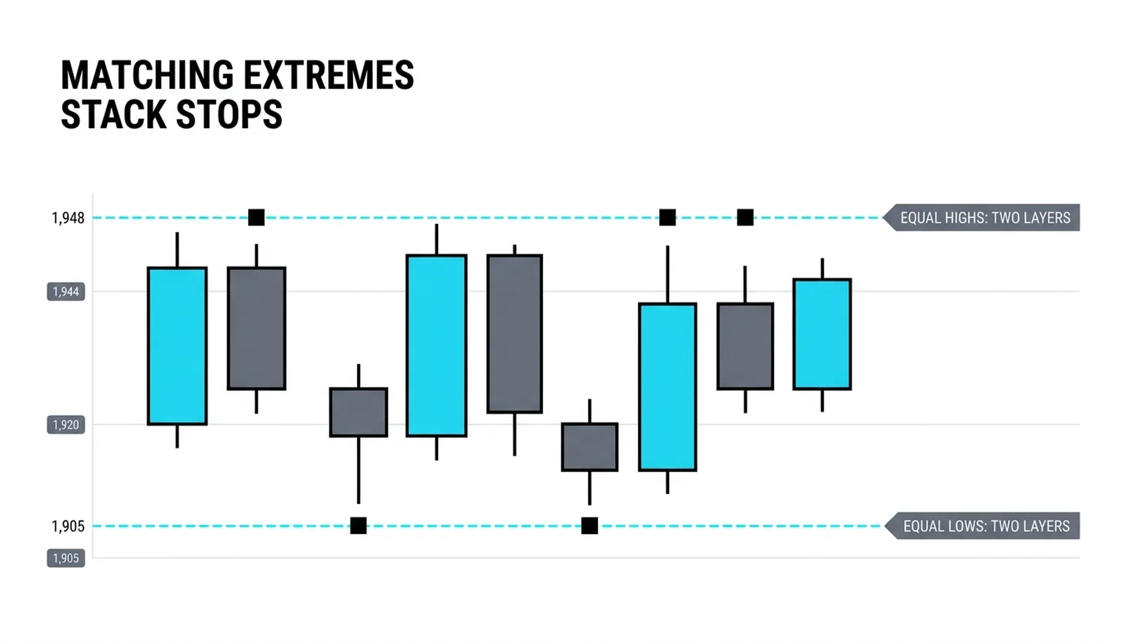 Eight candles with two matching lows on 1,905 and two matching highs on 1,948, stop markers on each touch