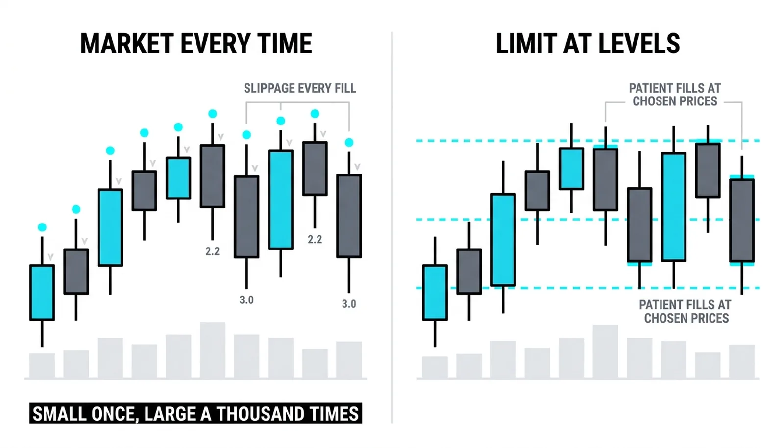 Market every time against limit at levels: slippage small once, large a thousand times