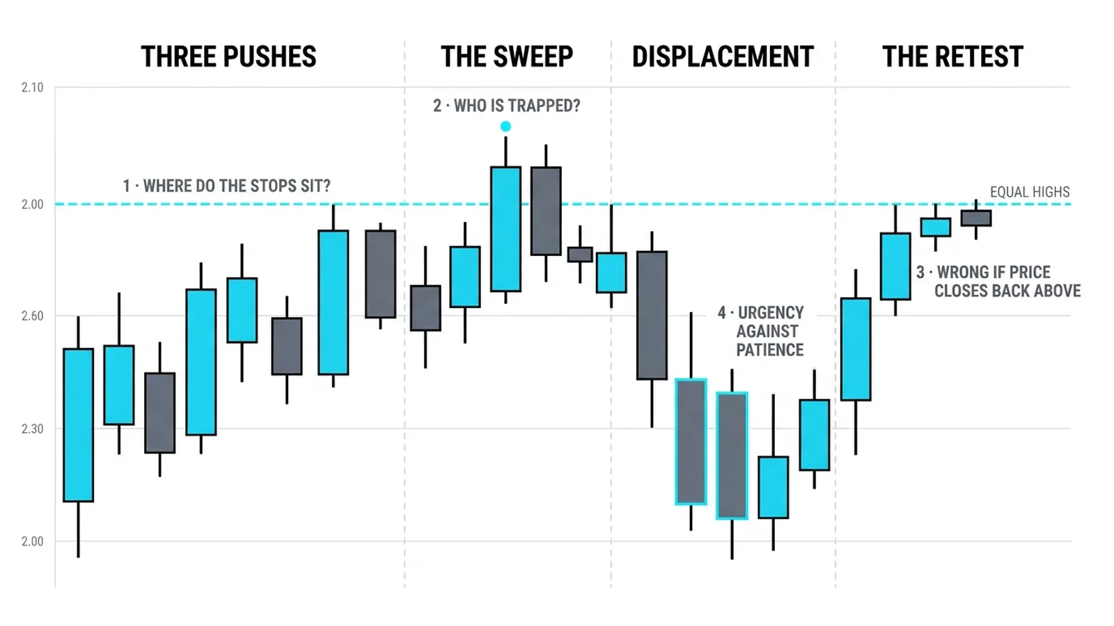 The worked exercise on one chart: three pushes into the equal highs, the sweep above them, the displacement close back inside, and the retest, each stage tagged with the question it answers