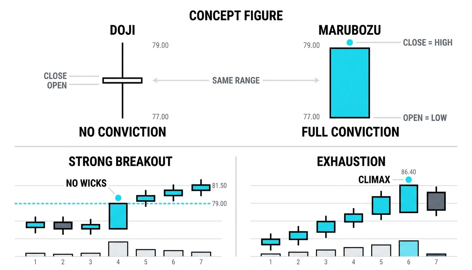 Two panels: a doji with a tiny body against a large range on the left, a marubozu whose body is the whole range on the right