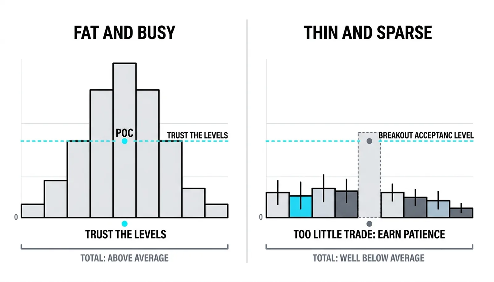 A thin, low-volume profile whose largest bin holds too little trade for the POC to mean anything
