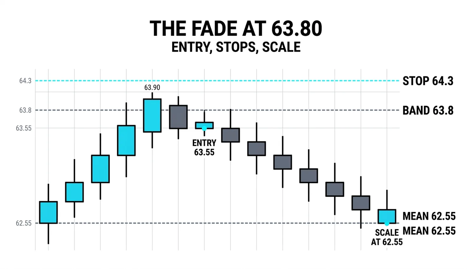 The fade at 63.80: entry at 63.55 on the close back inside, scaling at the 62.55 mean, the 64.30 stop beyond