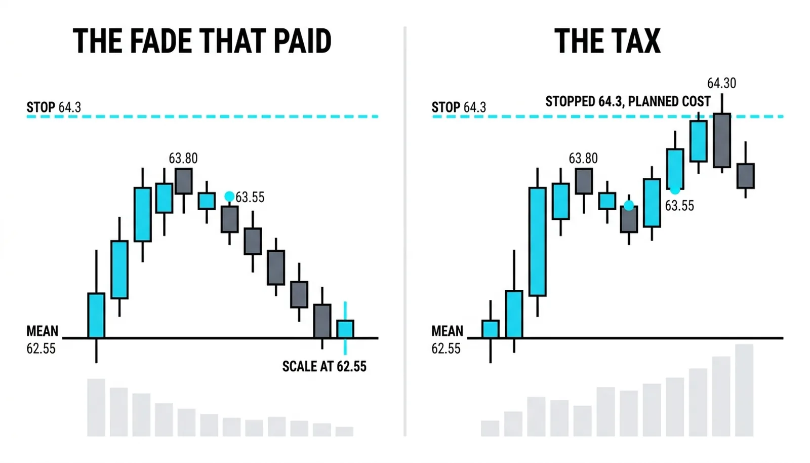The fade that paid with its scale and exit, beside the same entry stopped out on a day that built volume instead
