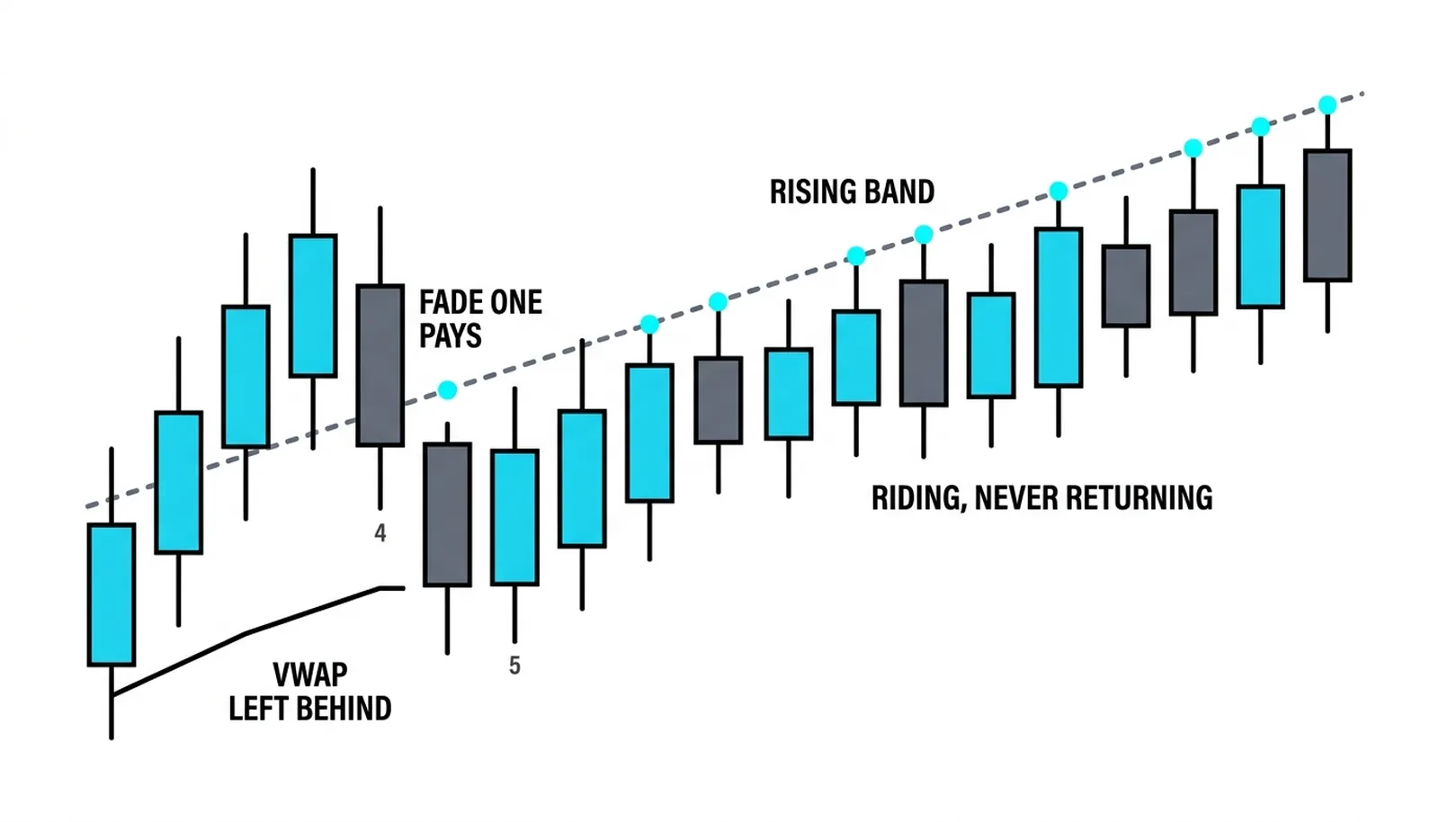 A band walk: after one morning fade, price rides the upper band for the rest of the session and never returns