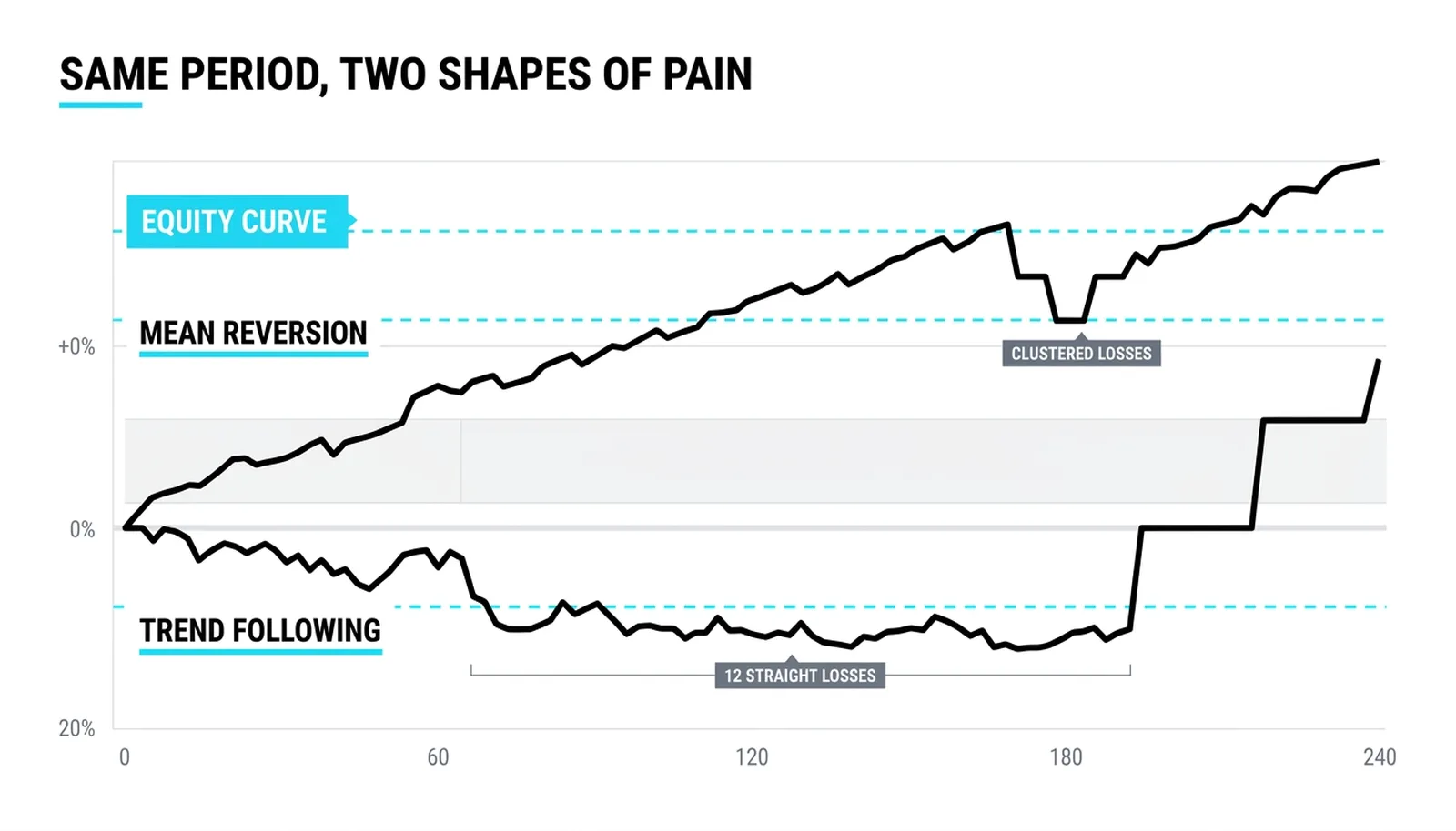 Two equity curves in 240 days: smooth climbs with holes against a flat stretch then two leaps