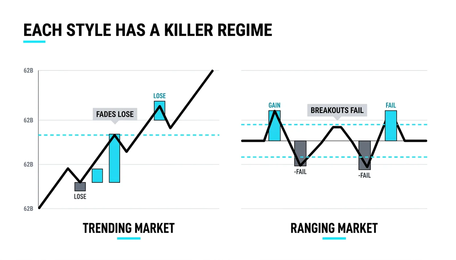 Each style's killer regime: fades lose in trends, breakouts fail in ranges