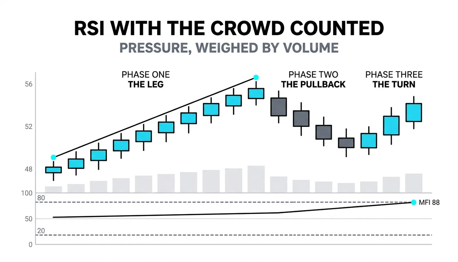 A rally on tall volume bars with MFI pinned above 80 at 88