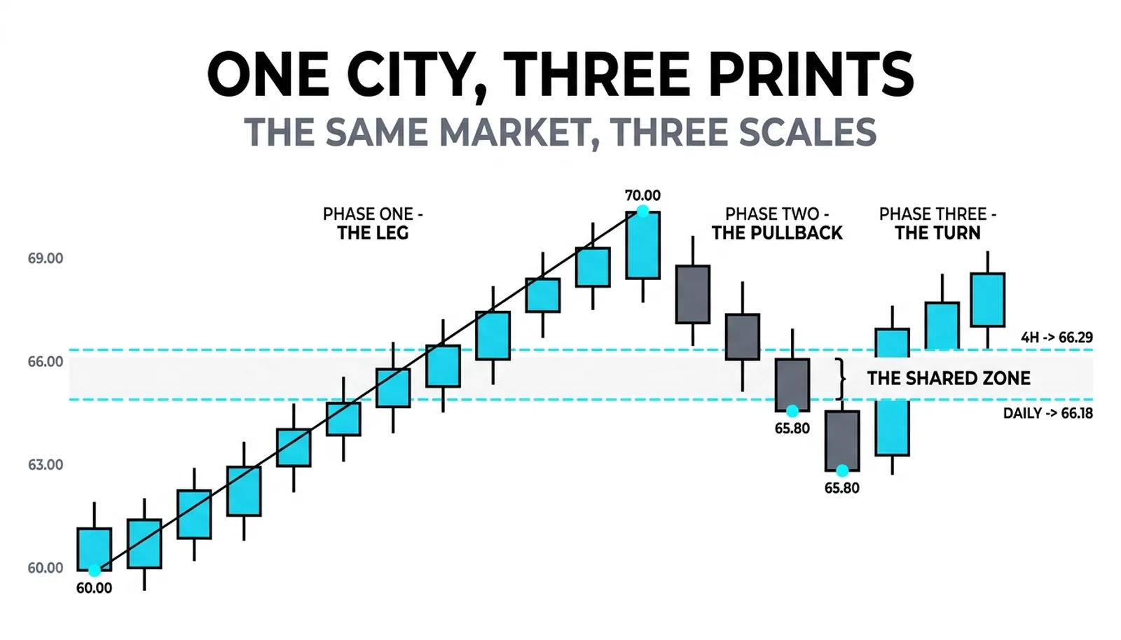 The same market on the daily, four-hour and hourly charts, each with its own swing and the zone shared by two lines