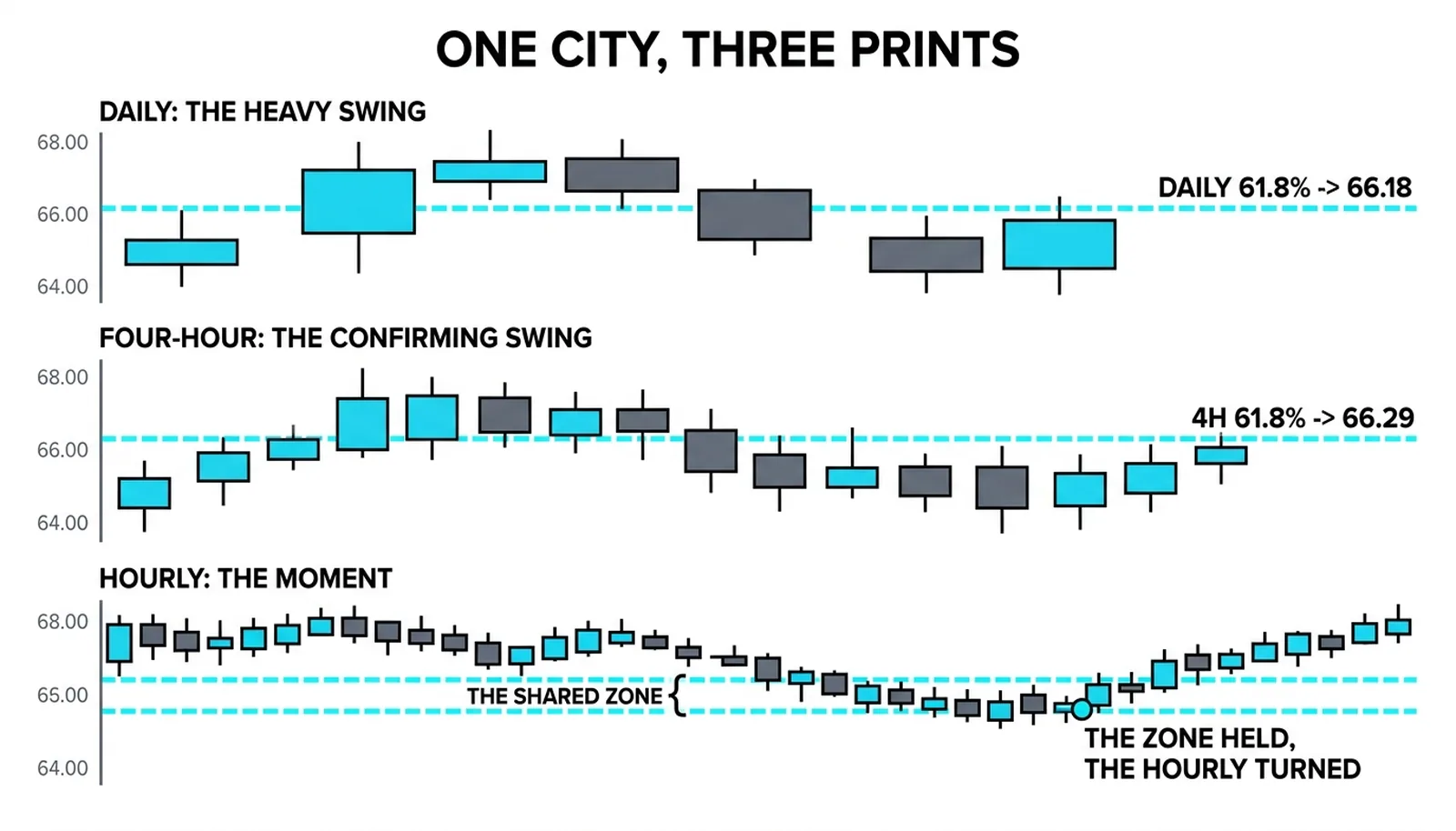 The same market on the daily, four-hour and hourly charts, each with its own swing and the zone shared by two lines