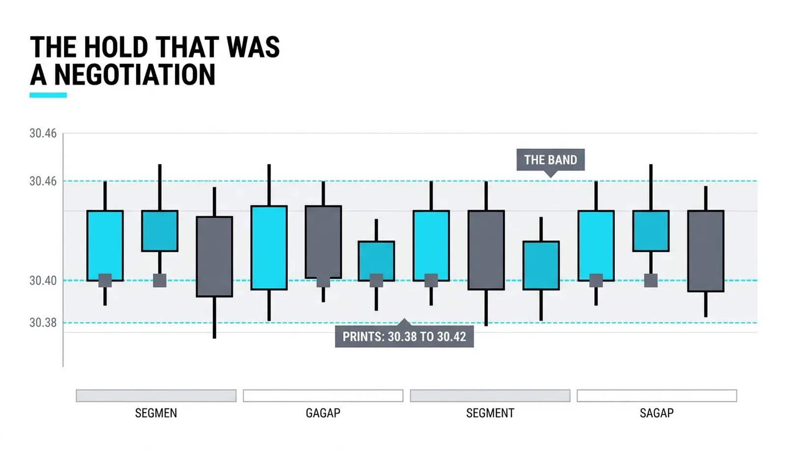 Two days of price holding the band while midpoint prints accumulate at 30.40