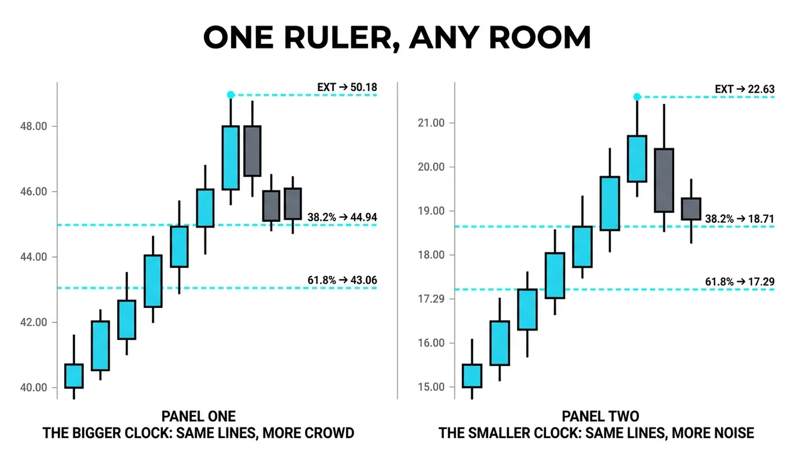 The same retracement and extension lines on both clocks: 44.94, 43.06 and 50.18 on the big chart, 18.71, 17.29 and 22.63 on the small chart