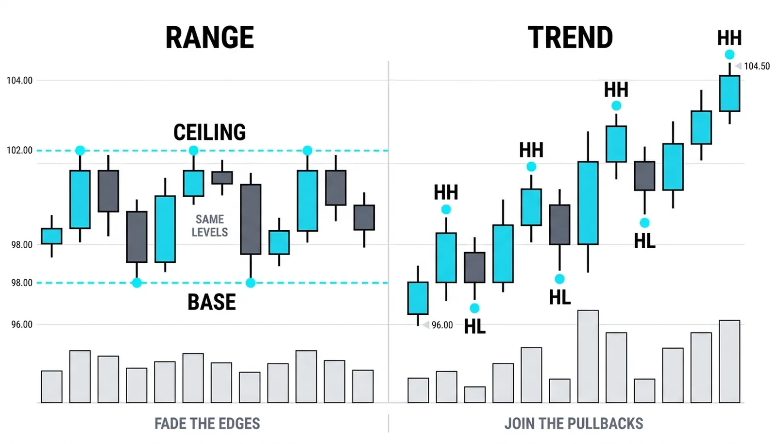 A range panel rotating between dashed ceiling and base walls beside a trend panel climbing with HH and HL swing marks, faded edges under one and joined pullbacks under the other