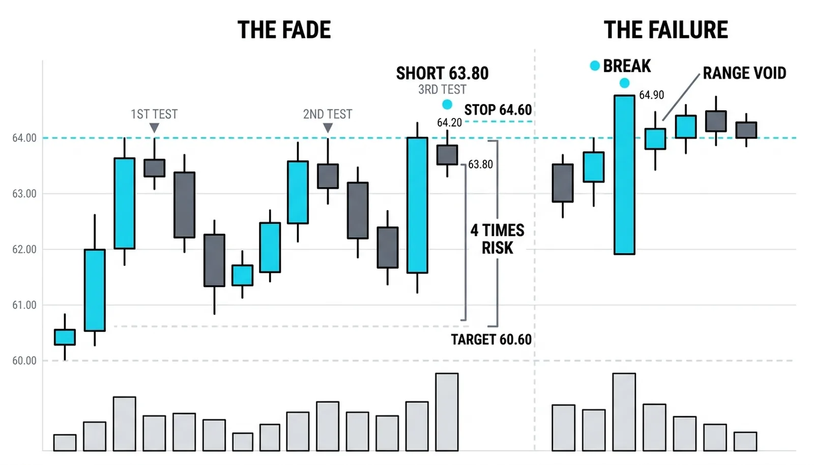 The short at 63.80 on the third test with the stop at 64.60 beyond the wall and target 60.60, roughly four times risk, and the failed version closing at 64.90