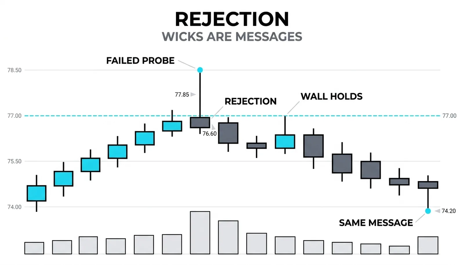 One large candle with a long upper wick poking through a dashed level and closing back below it, teaching that the wick records a failed probe.