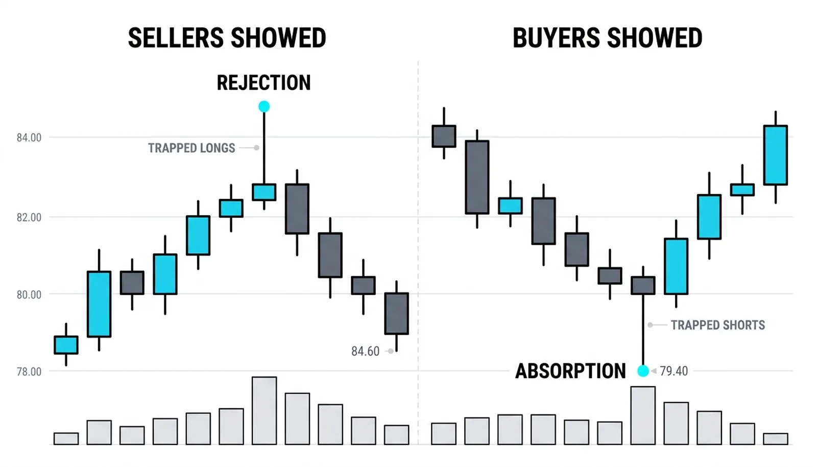 Two panels: an upper wick at a high after a rally on the left, a lower wick at a low after a decline on the right