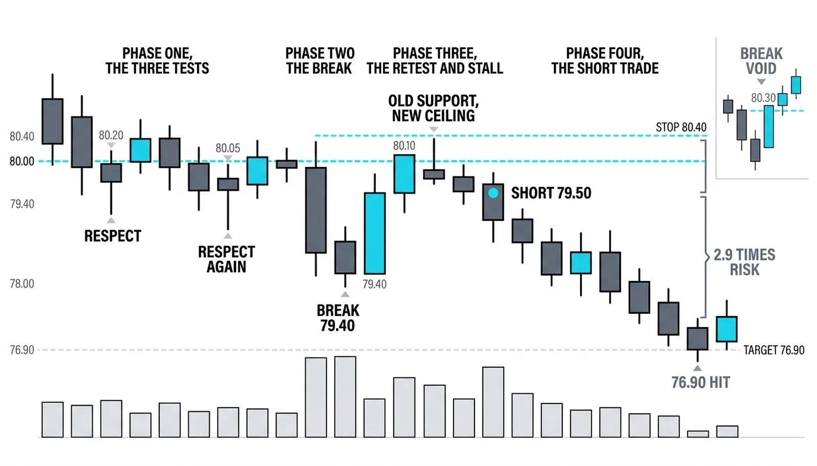 The tests at 80.00: two respects, the close at 79.40 breaking support, the retest to 80.10, the short at 79.50 with stop 80.40 and target 76.90, and the voided version closing 80.30