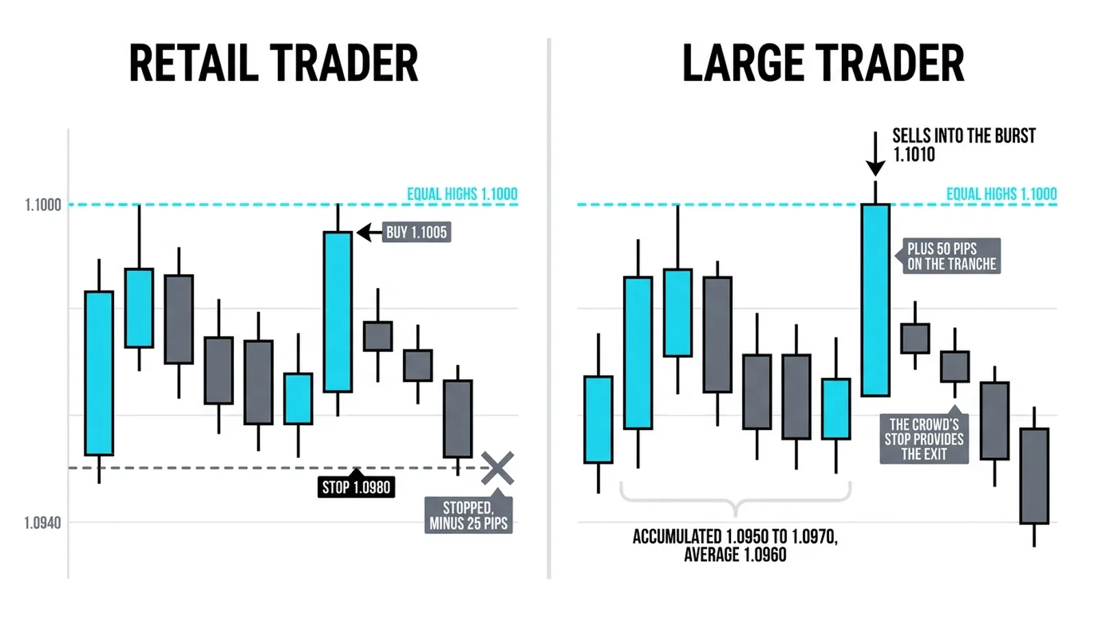 The same breakout on two panels: the retail trader buys 1.1005 and is stopped at 1.0980, the large trader accumulated 1.0950 to 1.0970 sells into the burst at 1.1010