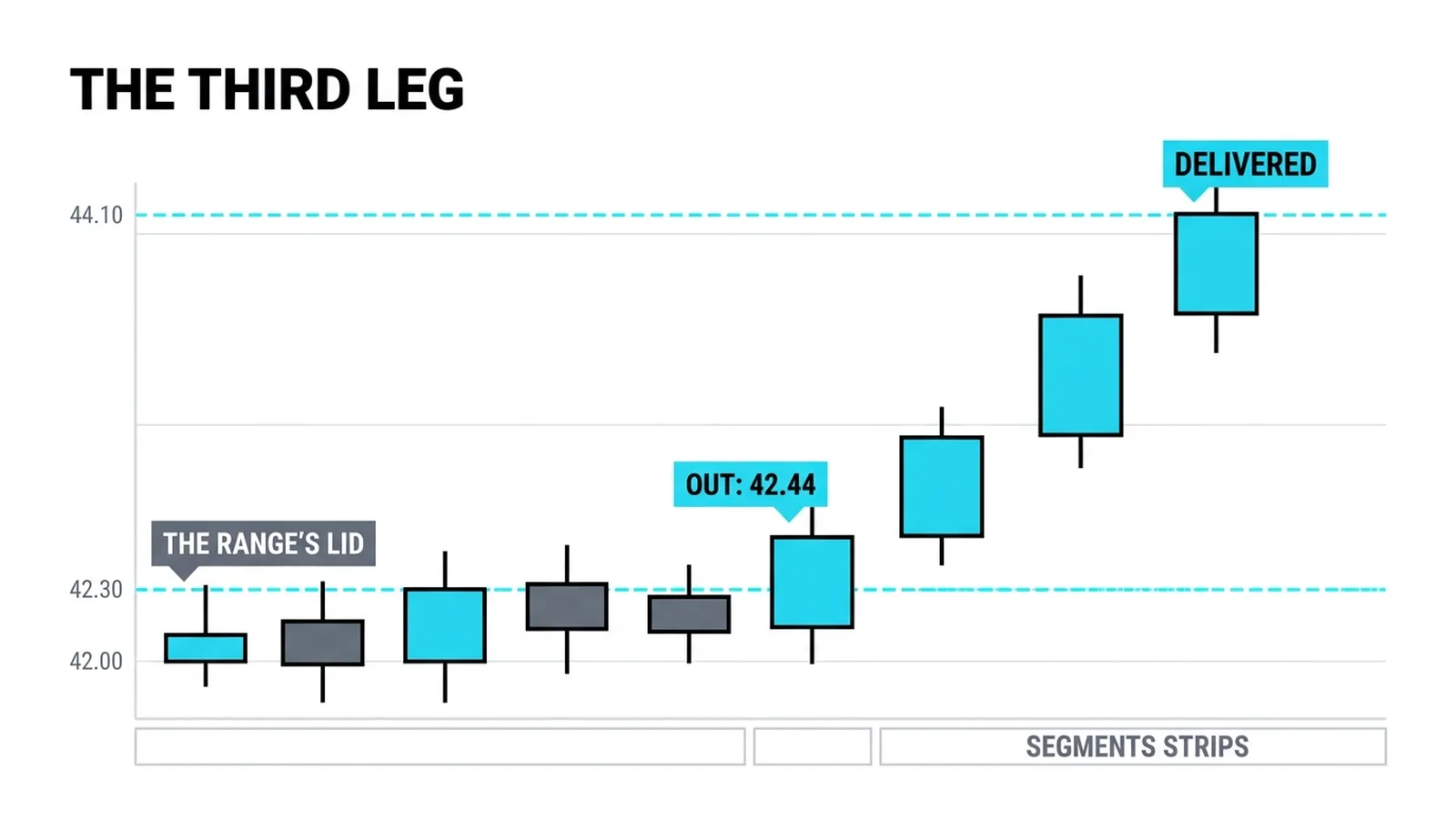 The third leg: the range tightening, the breakout at 42.44, and the delivery to 44.10