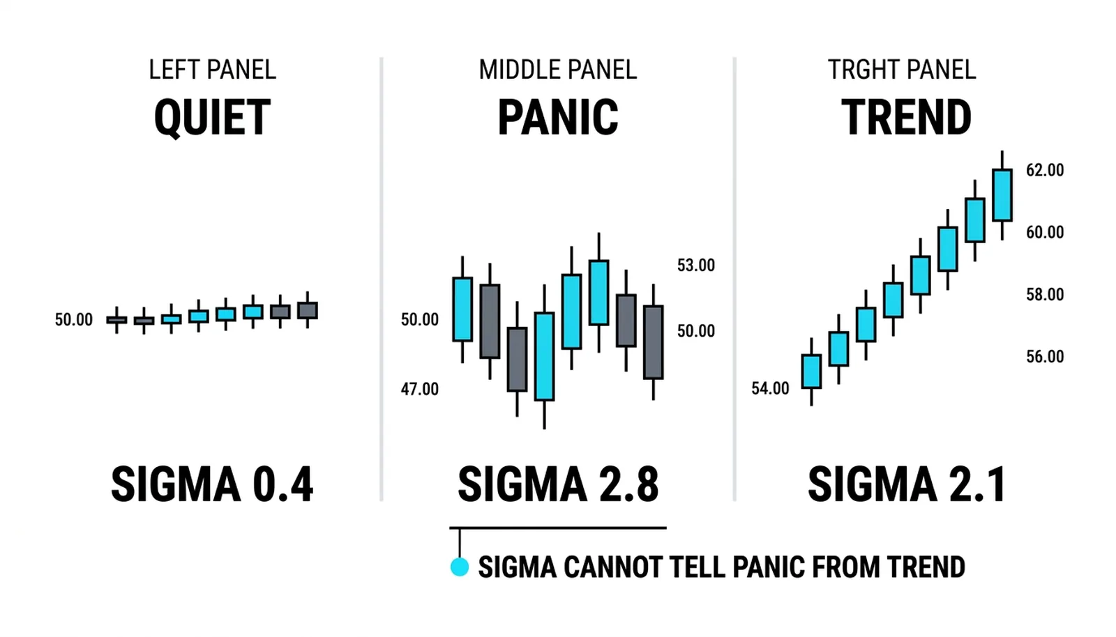 Sigma 0.4 in the drift, 2.8 in the panic, 2.1 in the clean staircase trend