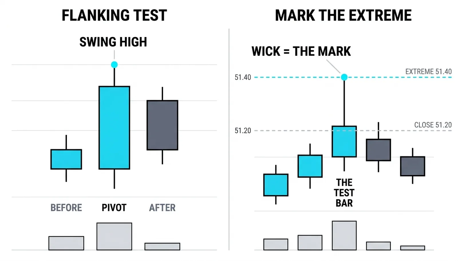 The flanking test with one bar on each side of the swing bar, and a bar wicking to 51.40 while closing 51.20 marked at the wick-tip extreme