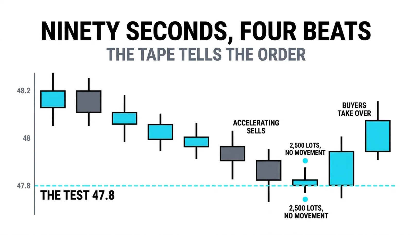 The accelerating sells into 47.80, the 2,500-lot print that moved nothing, and the buyers taking over