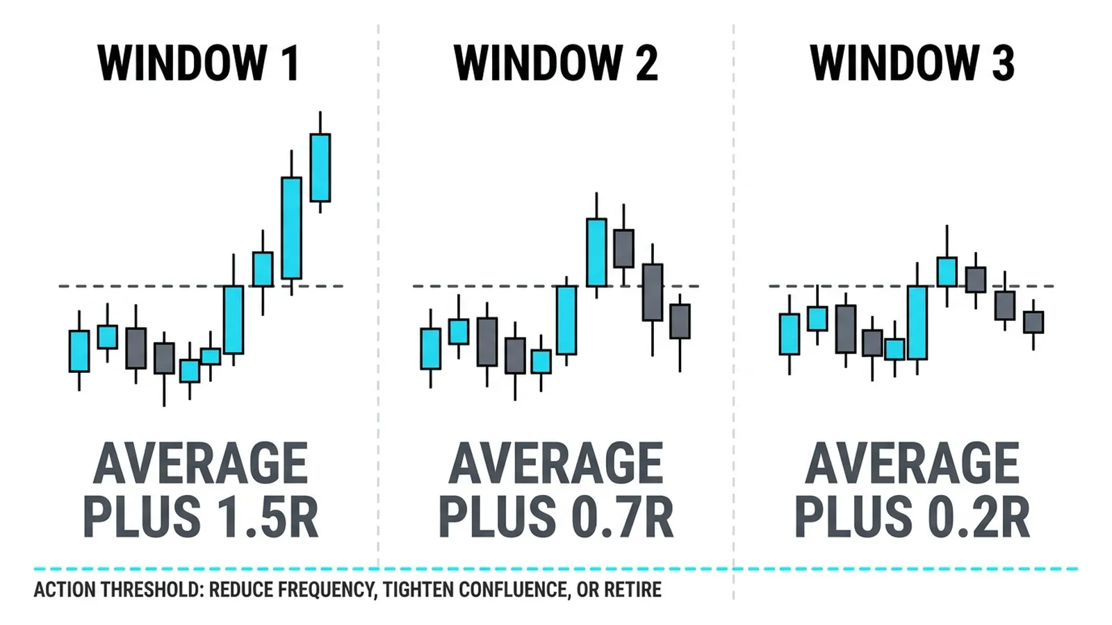 Three rolling 20-trade windows of one setup, the average result sliding from plus 1.5R to plus 0.2R through the action threshold