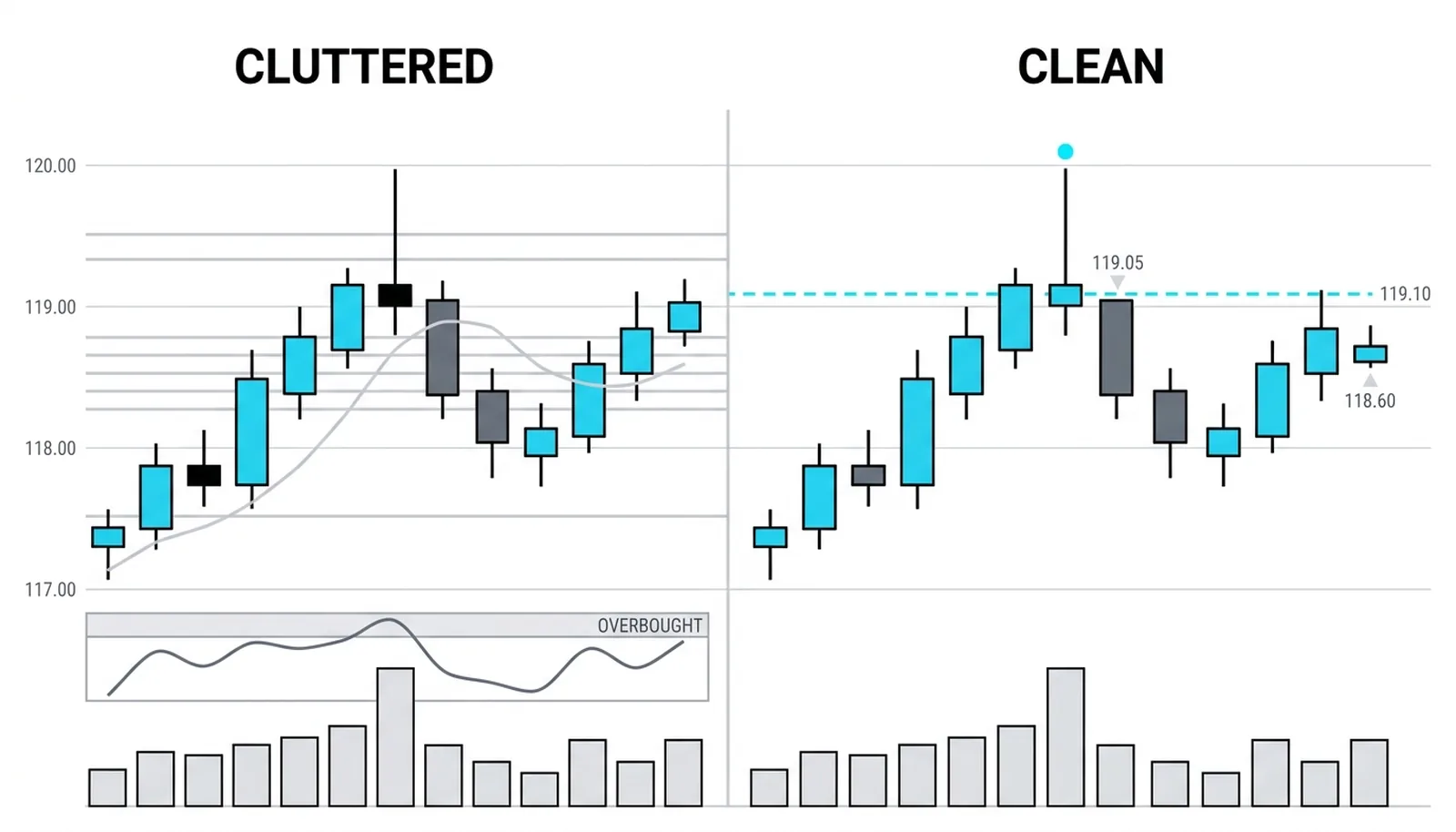 The same chart at 118.60 twice: cluttered with averages, oscillators and auto-levels, then stripped to price and one hand-drawn level at 119.10