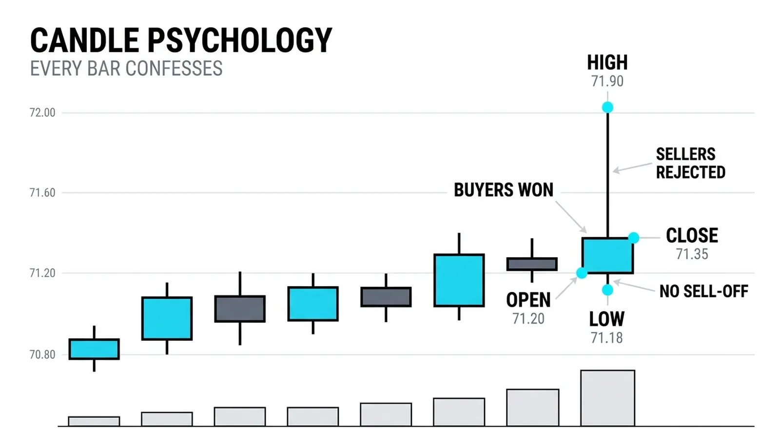 One large annotated candlestick with its four numbers called out (open 71.20, high 71.90, low near the close, close 71.35), a small queue of plain candles behind it, teaching that each bar records a fight between buyers and sellers.