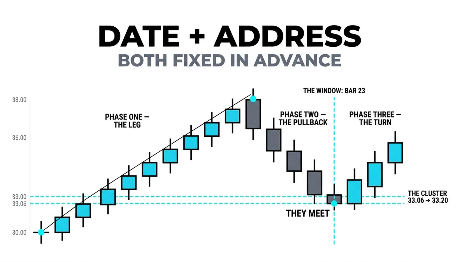 The pullback into the cluster at 33.06 to 33.20 arriving exactly as the window's bar comes due