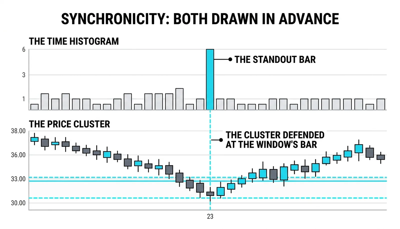 The time histogram's standout bar and the price cluster defended at the same bars