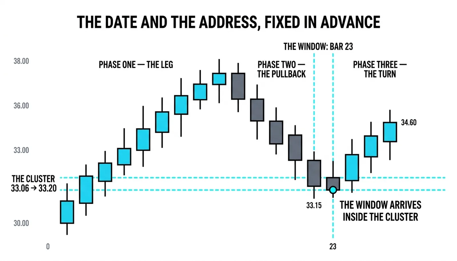 The pullback into the 33.06-to-33.20 cluster arriving exactly as the window's bar arrives
