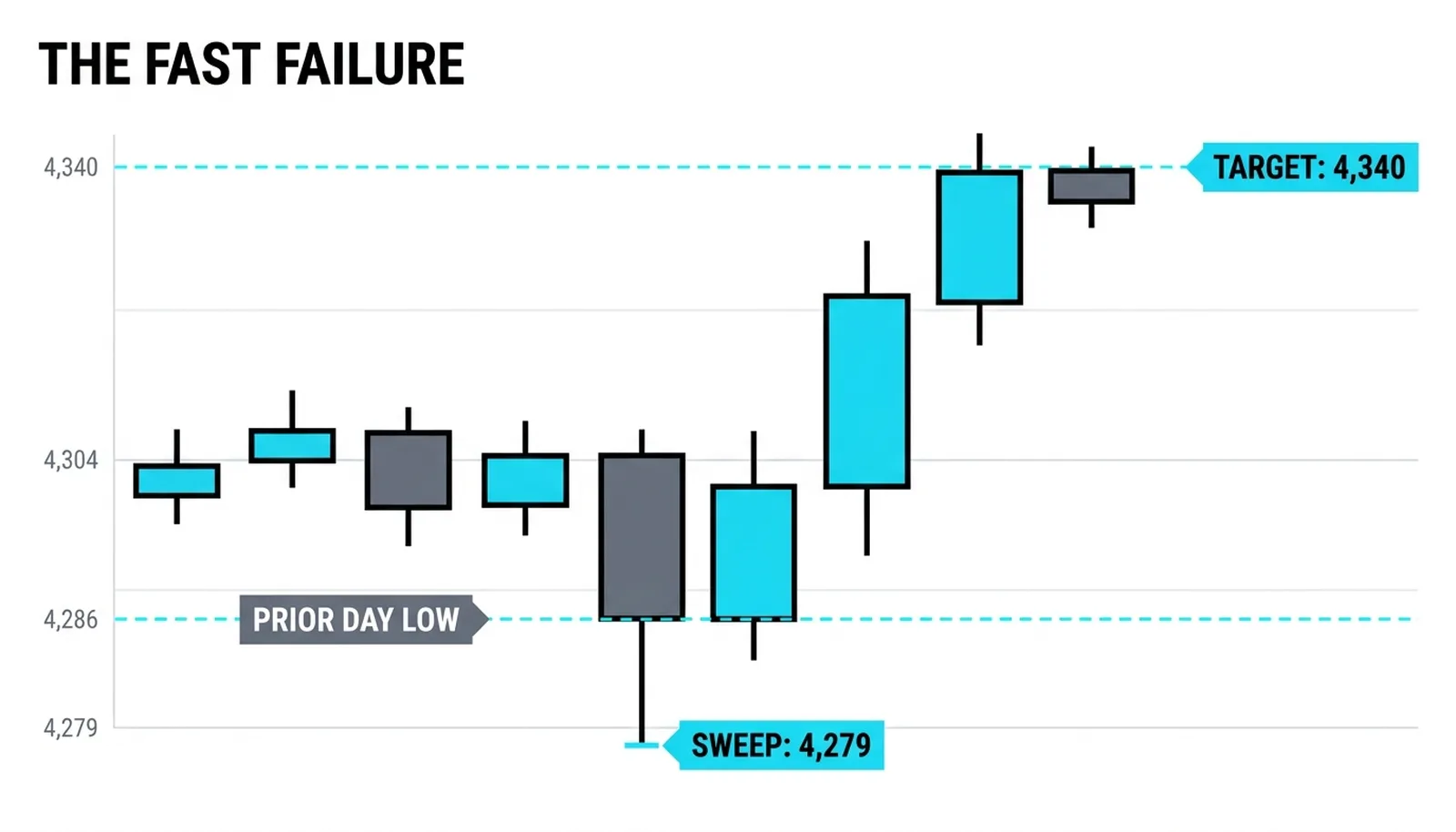 The prior day low at 4,286 swept to 4,279 and rejected, with the delivery to the 4,340 target