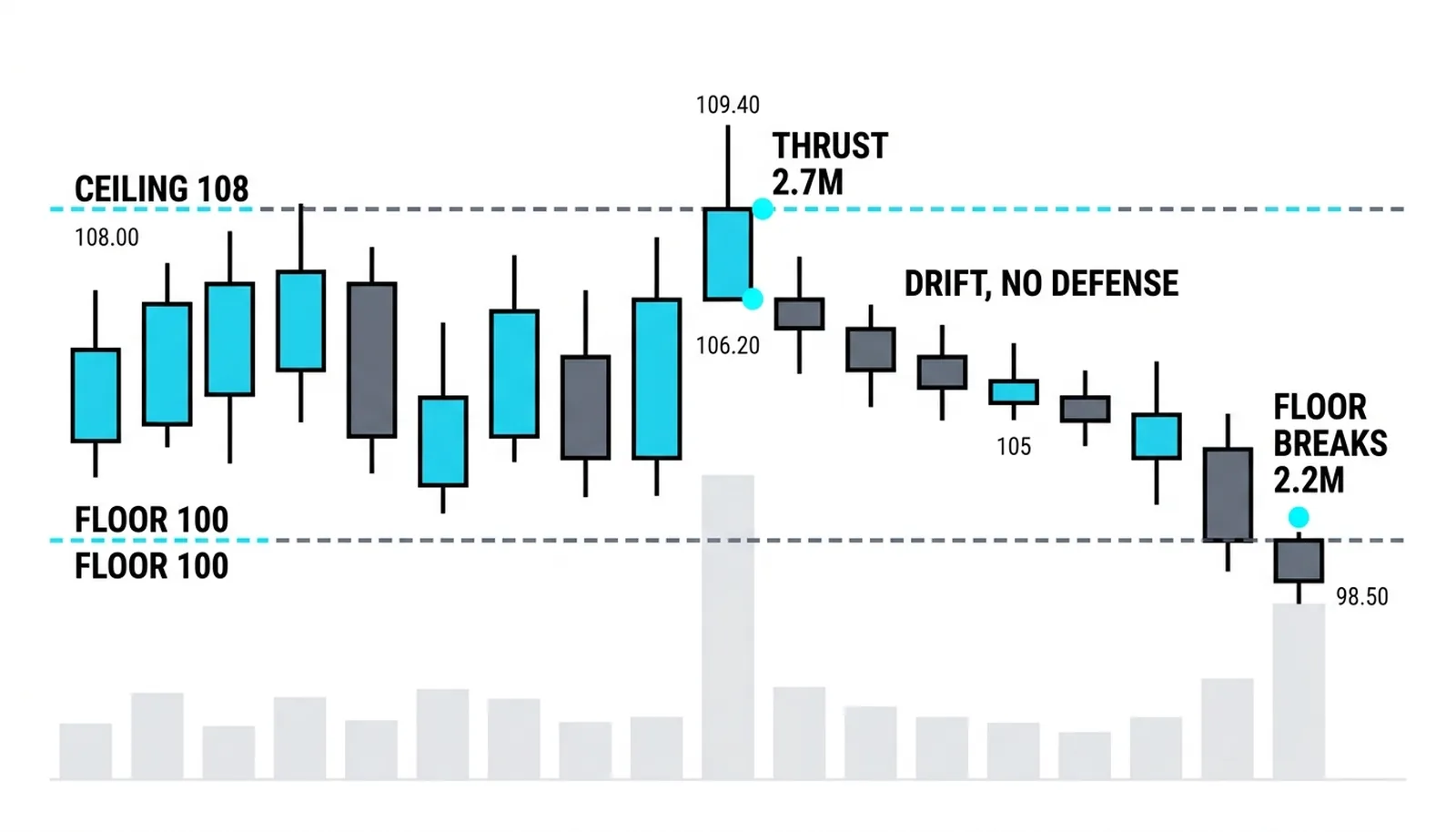 Thrust 109.4 to 106.2 on 2.7M, the undefended drift, and the 100 floor breaking on 2.2M