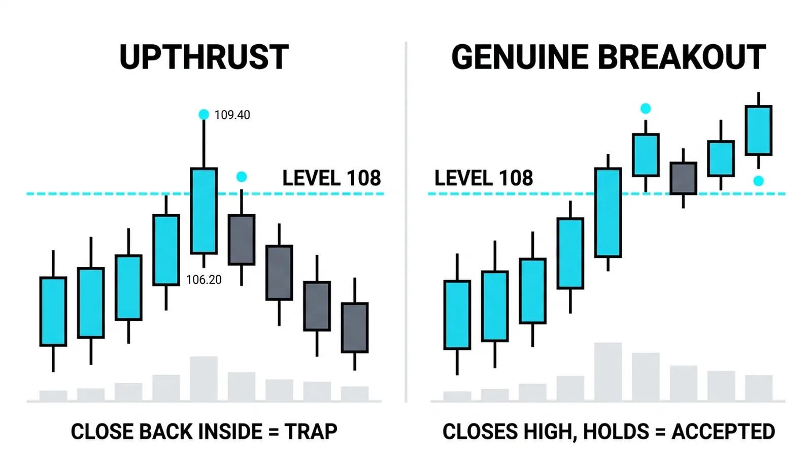 The upthrust closing back inside against the genuine breakout holding above the level