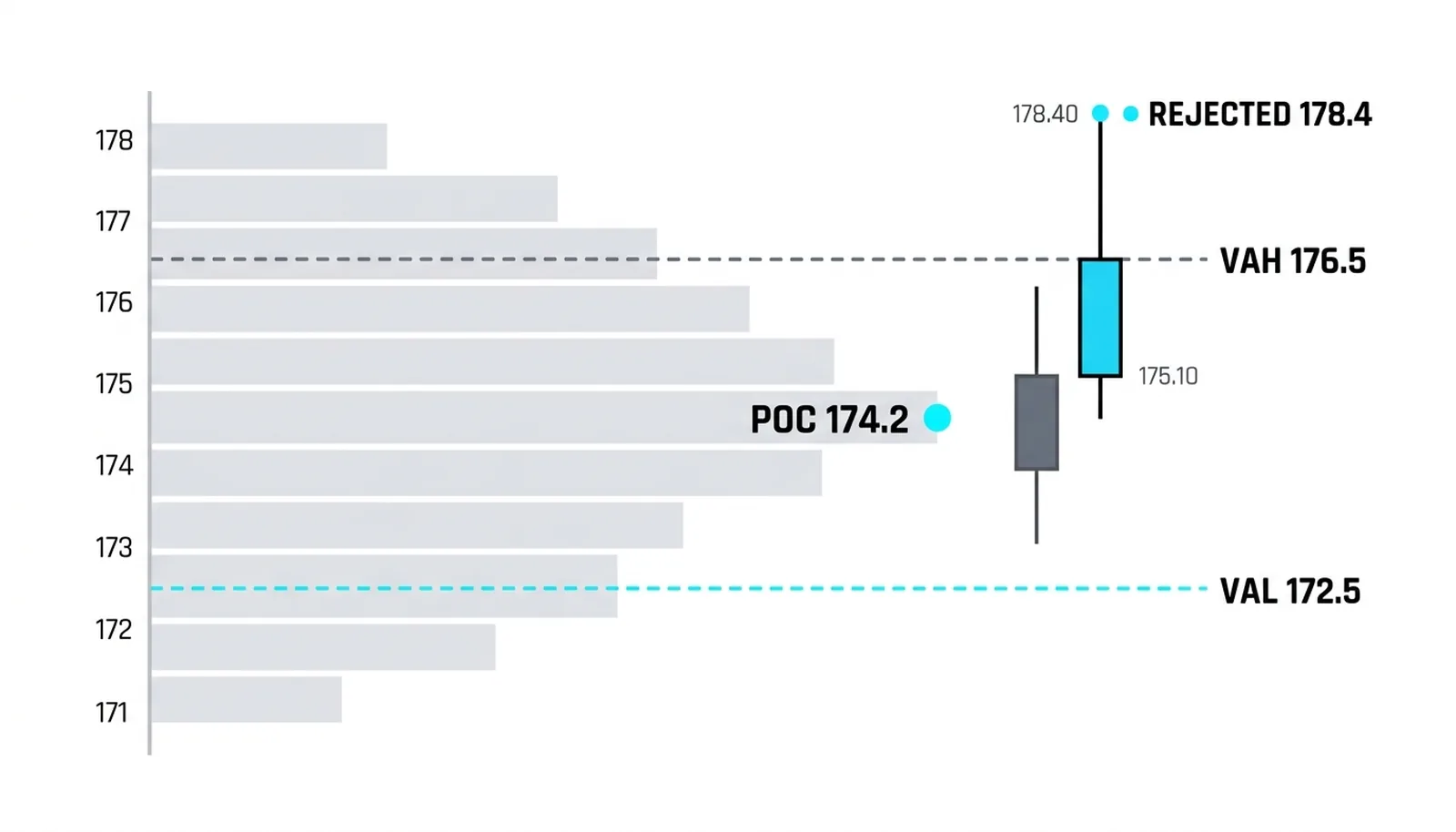 The measured profile: POC 174.2 with the value area rules at 172.5 and 176.5