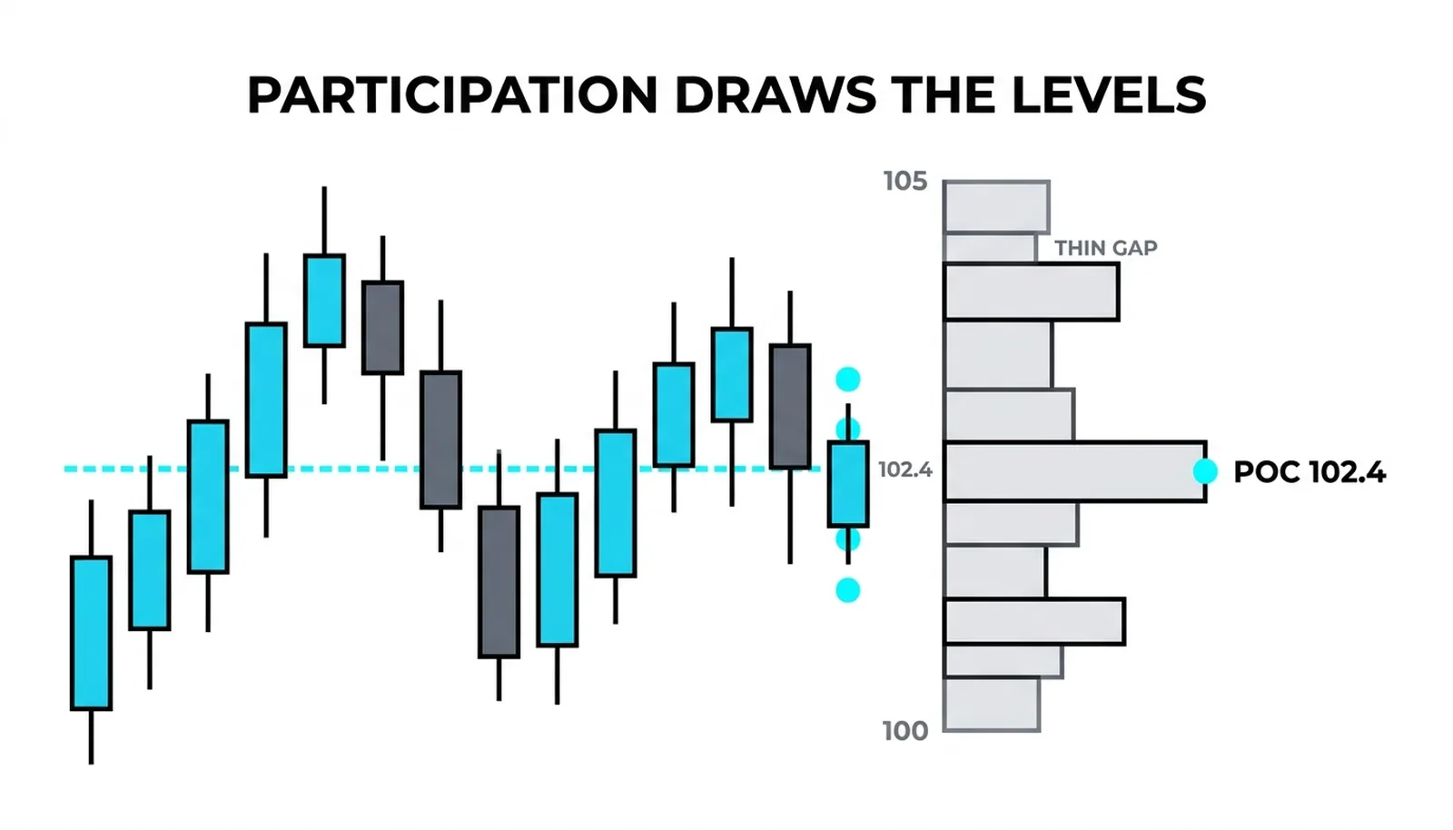 Candlestick chart beside a horizontal volume profile whose tallest bar, the point of control at 102.4, is highlighted