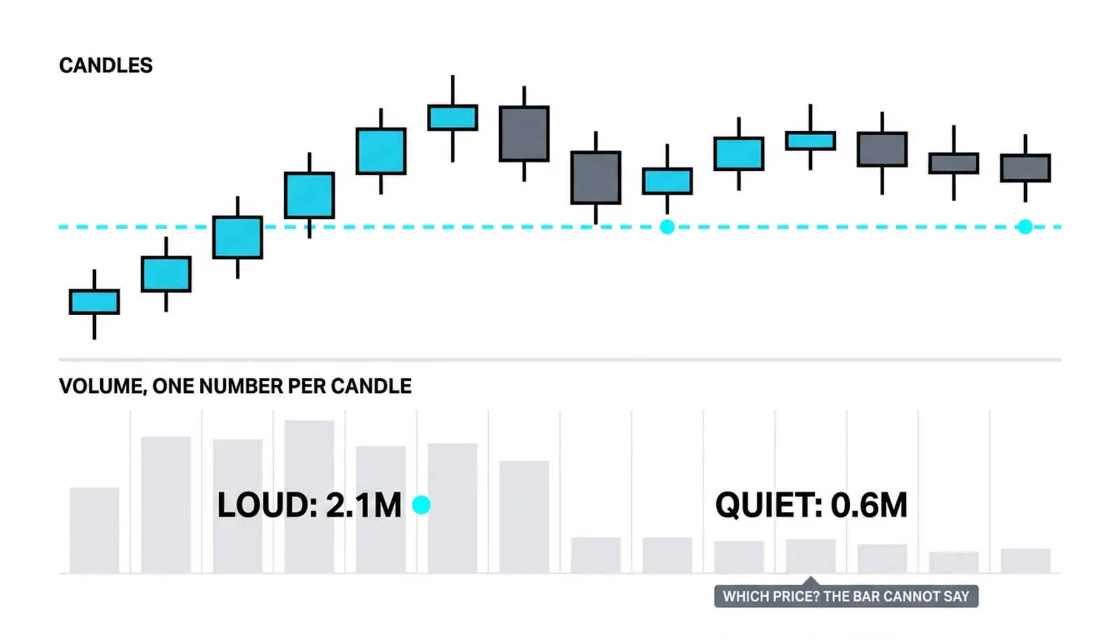 Two-panel chart with candles above and the vertical volume histogram below, loud bars in the first third fading to quiet, unable to say which prices traded