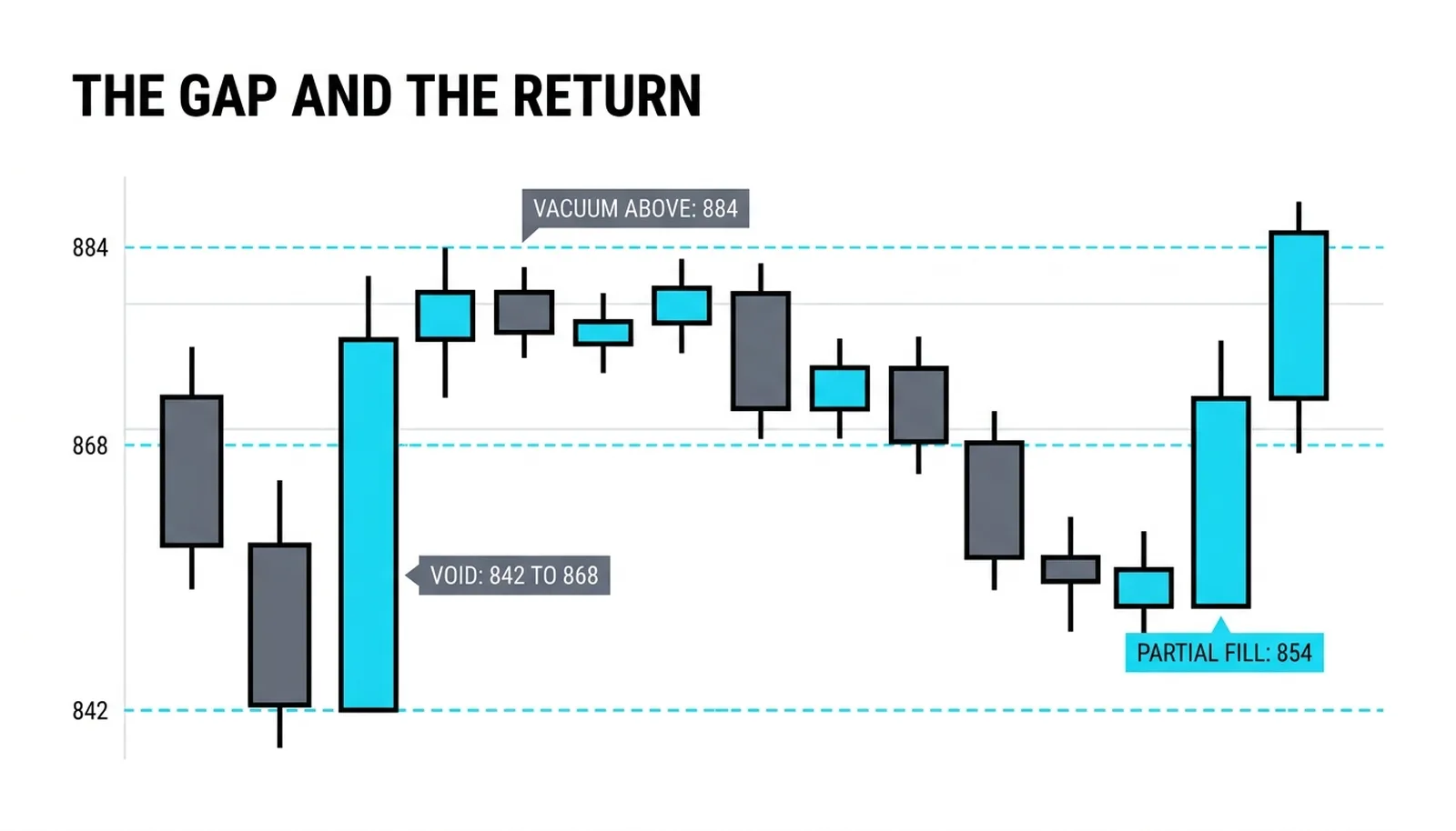 The 842 to 868 void from a gap open, the thin extension to 884, and the partial fill at 854