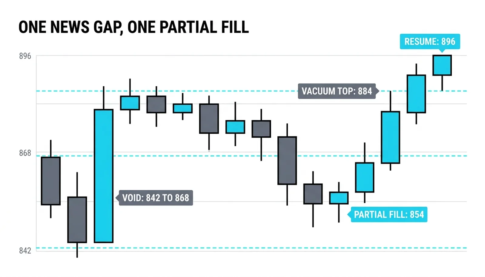 The full worked sequence: gap open 842 to 868, vacuum to 884, partial fill at 854, resume to 896