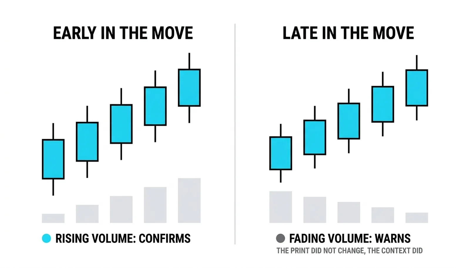 The same push graded twice: five bars of rising volume behind the move validate it, and the identical price path on fading volume is the anomaly that tightens the read