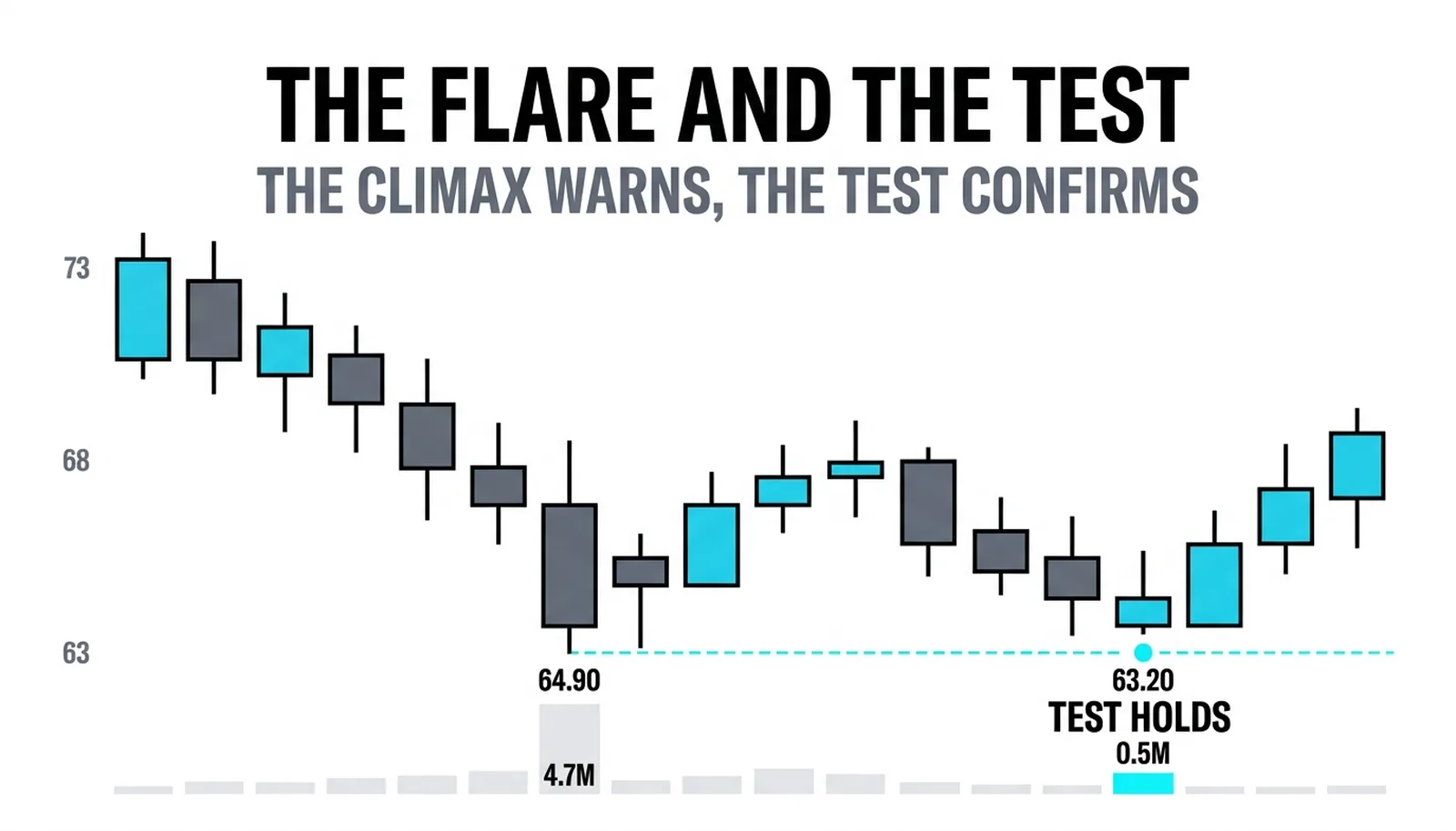 The panic bar plunging to 63 on 4.7M, closing off the lows, and the quiet retest holding