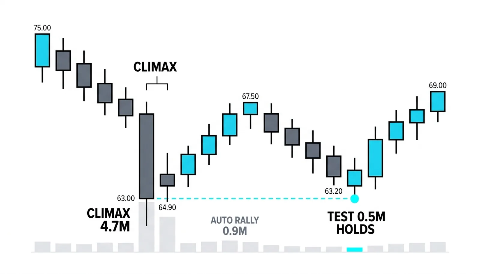 Climax 4.7M, automatic rally on 0.9M, and the 0.5M retest of 63.2 holding