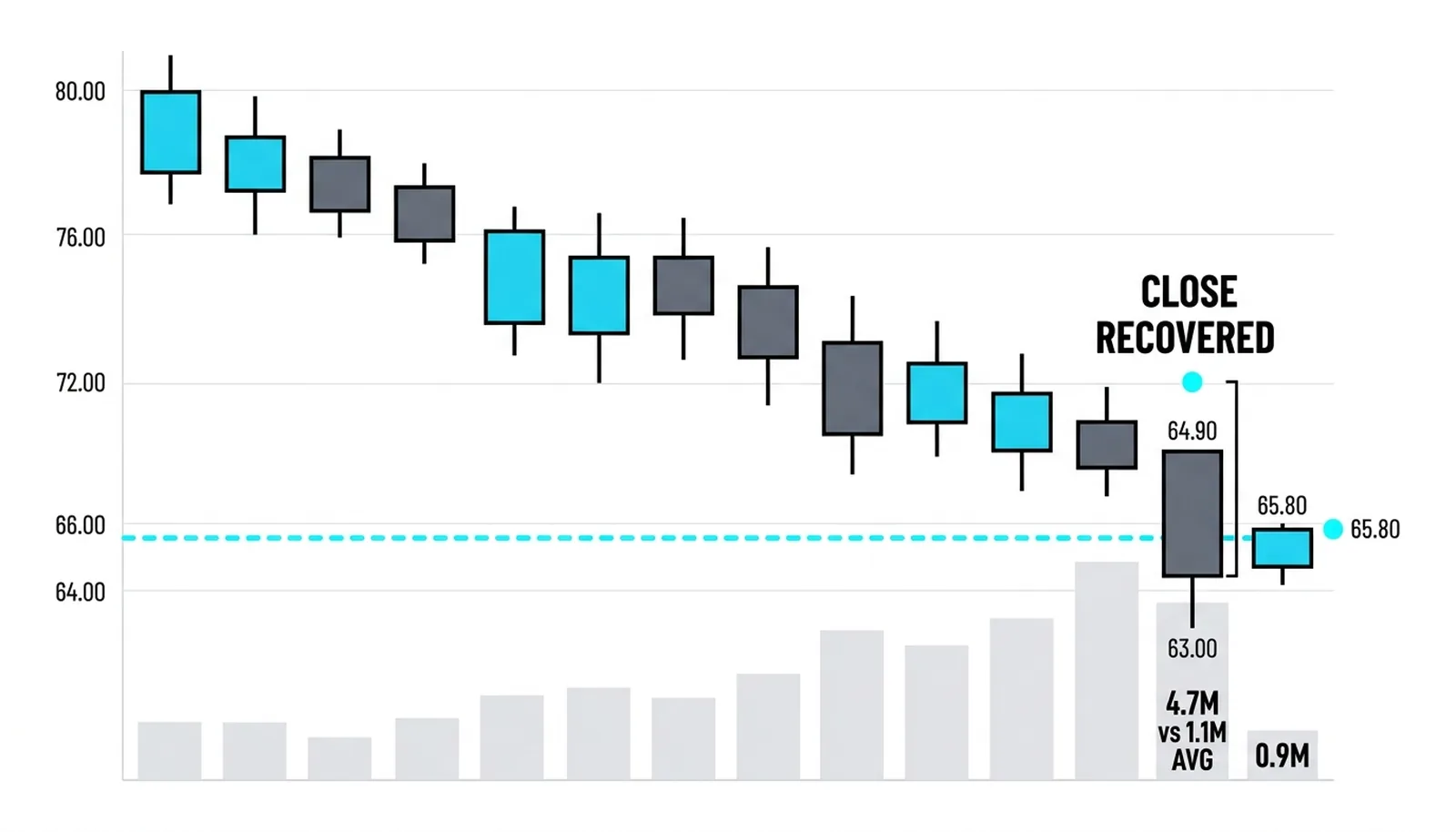 The bottom: the widest bearish bar closing recovered at 64.90 on enormous volume