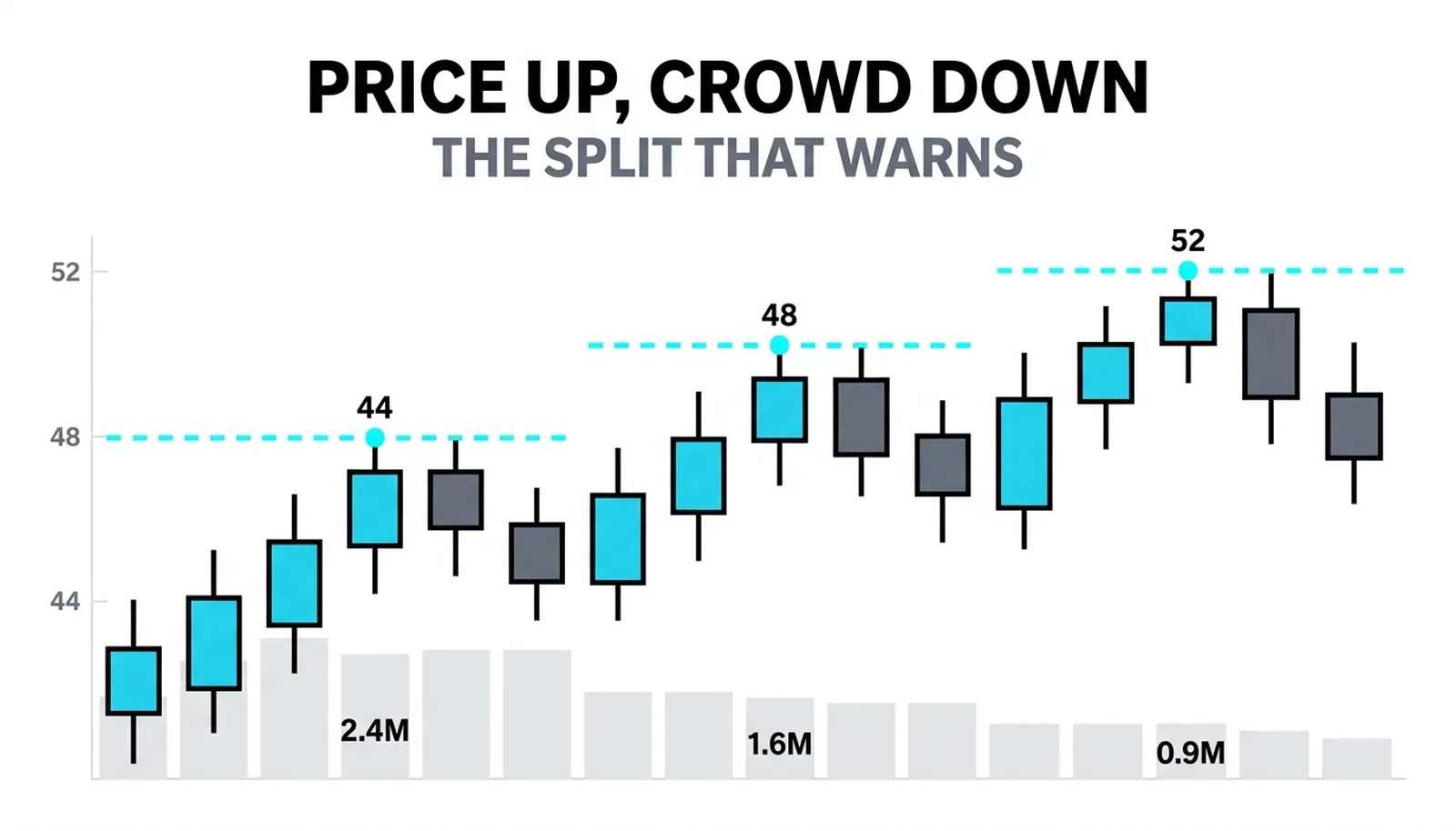 Three rising highs at 44, 48, 52 over volume shrinking 2.4M to 0.9M