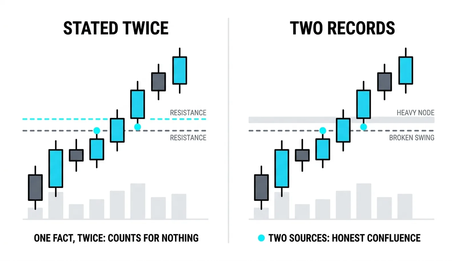 Fake confluence is one fact stated twice; honest confluence is a volume node and a broken level agreeing
