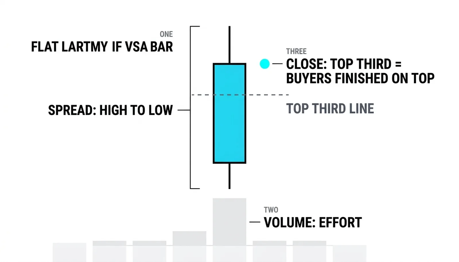 The VSA bar anatomy: spread bracket, volume bar, and the close dot in the top third